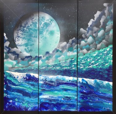 Painting titled "Triptyque « Blue Mo…" by Fabien Dessoly (Symbolic Art BZH), Original Artwork, Acrylic