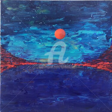 Ζωγραφική με τίτλο "Orange Moon" από Fabien Dessoly (Symbolic Art BZH), Αυθεντικά έργα τέχνης, Ακρυλικό Τοποθετήθηκε στο Ξύλ…