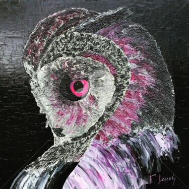 Painting titled "Purple owl" by Fabien Dessoly (Symbolic Art BZH), Original Artwork, Acrylic Mounted on Wood Stretcher frame