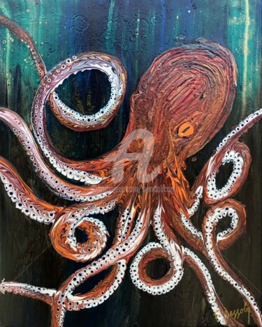 Painting titled "Red Octopus" by Fabien Dessoly (Symbolic Art BZH), Original Artwork, Acrylic Mounted on Wood Stretcher frame