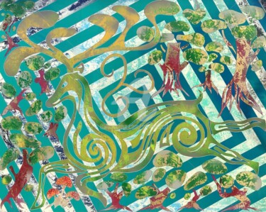 Malerei mit dem Titel "Celtic Deer" von Fabien Dessoly (Symbolic Art BZH), Original-Kunstwerk, Sprühfarbe Auf Keilrahmen aus…