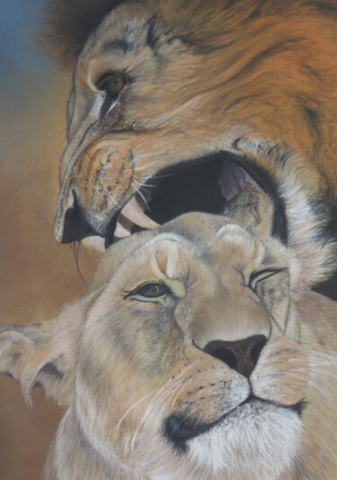 Pintura intitulada "Les lions" por Symélia Art, Obras de arte originais, Pastel