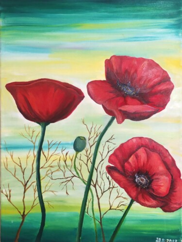 Painting titled "Poppies" by Syncope Mars, Original Artwork, Oil