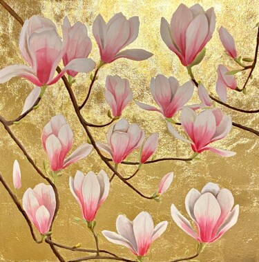 Painting titled "Magnolias #3" by Syncope Mars, Original Artwork, Oil Mounted on Wood Stretcher frame