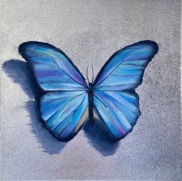Painting titled "Papillon bleu" by Syncope Mars, Original Artwork, Oil
