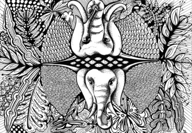 Drawing titled "Eléphant double" by Syrius Thorrel, Original Artwork, Ink