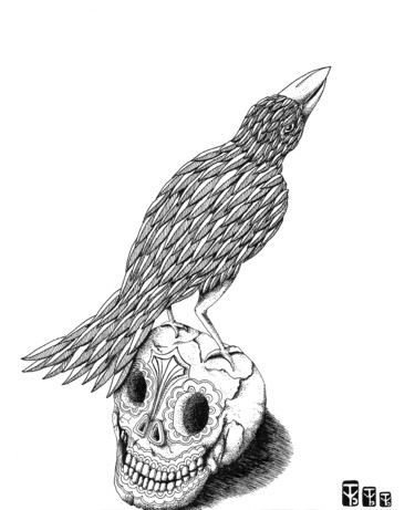 Drawing titled "Corbeau et crâne" by Syrius Thorrel, Original Artwork, Ink