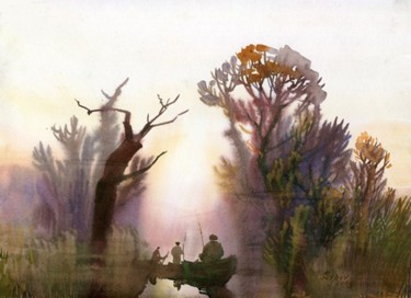 Картина под названием "Поплыли на озеро?" - Syrov, Подлинное произведение искусства, Масло