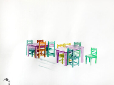 Pittura intitolato "Tables with chairs" da Szabrina Maharita, Opera d'arte originale, Acquarello