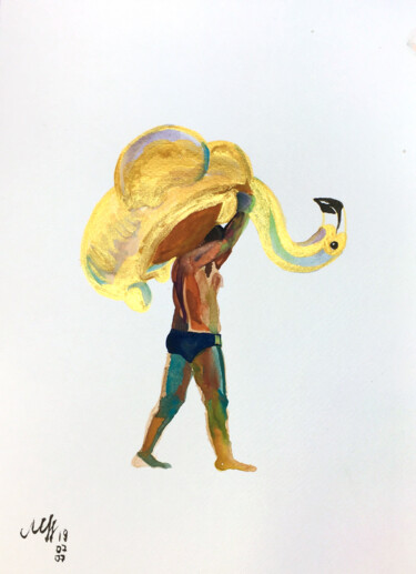 Peinture intitulée "Flamingo guy" par Szabrina Maharita, Œuvre d'art originale, Aquarelle