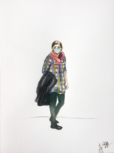 Ζωγραφική με τίτλο "Girl with mask" από Szabrina Maharita, Αυθεντικά έργα τέχνης, Ακουαρέλα