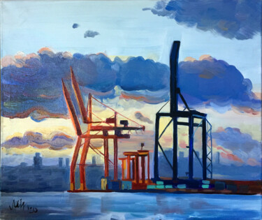 Schilderij getiteld "Port - Crane5" door Szabrina Maharita, Origineel Kunstwerk, Olie