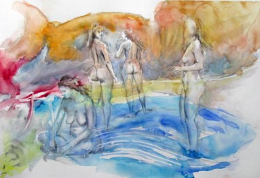 Pittura intitolato "Bathing beauties" da Zsolt Székelyhidi, Opera d'arte originale, Acquarello