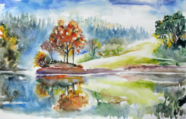 Malarstwo zatytułowany „Autumn lake” autorstwa Zsolt Székelyhidi, Oryginalna praca, Akwarela
