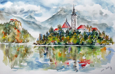 Painting titled "Bled in Slovenia" by Zsolt Székelyhidi, Original Artwork, Watercolor