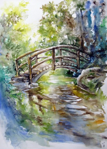 Schilderij getiteld "Forest bridge" door Zsolt Székelyhidi, Origineel Kunstwerk, Aquarel