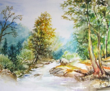 Painting titled "Forest stream No.3" by Zsolt Székelyhidi, Original Artwork, Watercolor