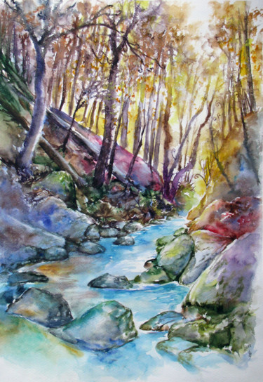 Painting titled "Autumnal forest" by Zsolt Székelyhidi, Original Artwork, Watercolor