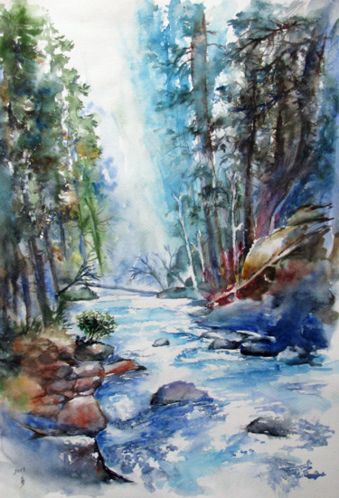 Painting titled "Forest stream No.1" by Zsolt Székelyhidi, Original Artwork, Watercolor