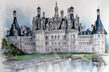 Painting titled "Château de Chambord" by Zsolt Székelyhidi, Original Artwork, Watercolor Mounted on Cardboard