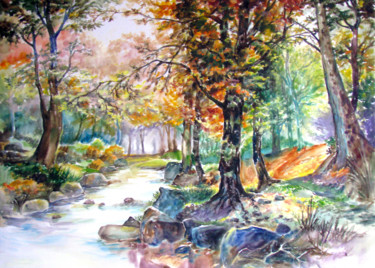 Malerei mit dem Titel "Autumn in the forest" von Zsolt Székelyhidi, Original-Kunstwerk, Aquarell