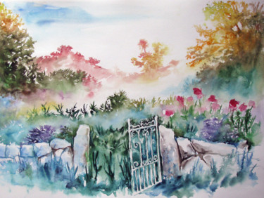 Painting titled "Gate in the garden" by Zsolt Székelyhidi, Original Artwork, Watercolor