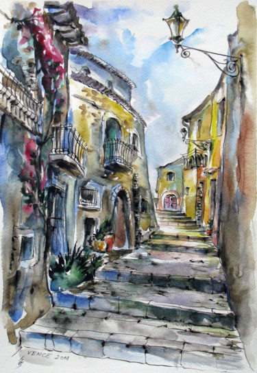 Schilderij getiteld "Walk around old tow…" door Zsolt Székelyhidi, Origineel Kunstwerk, Aquarel