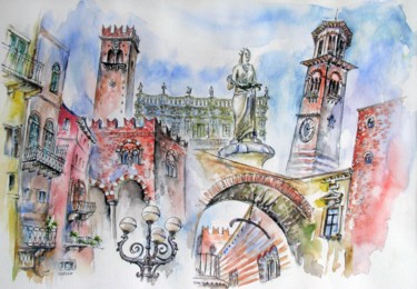 Malerei mit dem Titel "Verona - the city o…" von Zsolt Székelyhidi, Original-Kunstwerk, Aquarell