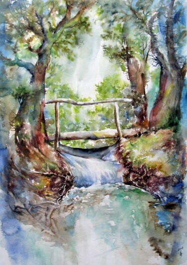 Painting titled "Bridge over a wild…" by Zsolt Székelyhidi, Original Artwork, Watercolor Mounted on Cardboard