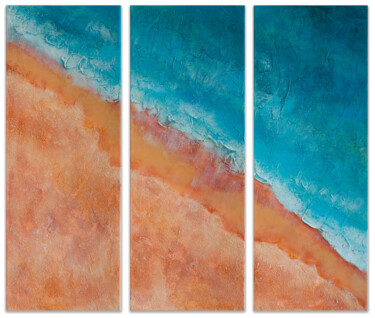 Schilderij getiteld "Beach Triptych" door Szilvia Banki, Origineel Kunstwerk, Acryl Gemonteerd op Frame voor houten brancard