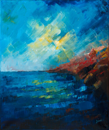 Painting titled "Sea" by Szilvia Banki, Original Artwork, Oil Mounted on Wood Stretcher frame