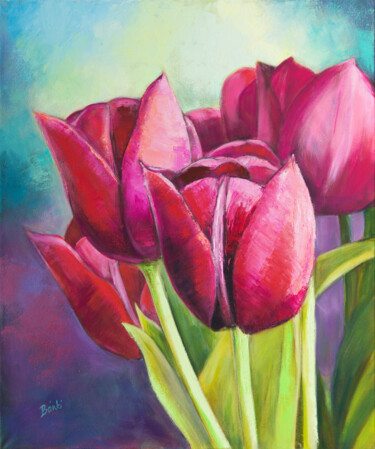 Painting titled "Tulips" by Szilvia Banki, Original Artwork, Oil Mounted on Wood Stretcher frame