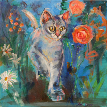 Painting titled "The cat in flowers" by Jolanta Szymanowska, Original Artwork, Acrylic