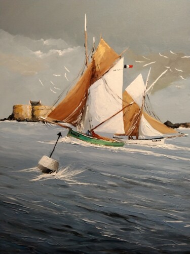 Painting titled "Bateau devant le fo…" by Thierry Guillemot, Original Artwork, Acrylic