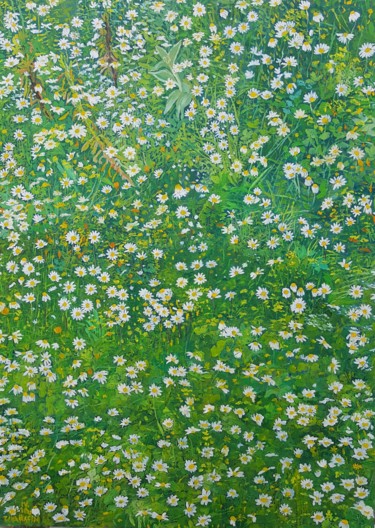 Painting titled "Daisies by Orsula I" by Tomislav Ivanišin, Original Artwork, Oil Mounted on Other rigid panel