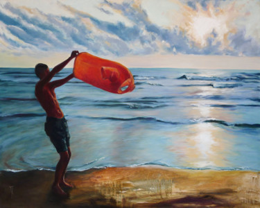 Painting titled "Boy and sea" by Tatyana Kaganets, Original Artwork, Oil