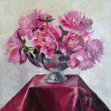 Painting titled "Grand peony" by Tatyana Kaganets, Original Artwork, Oil Mounted on Wood Stretcher frame