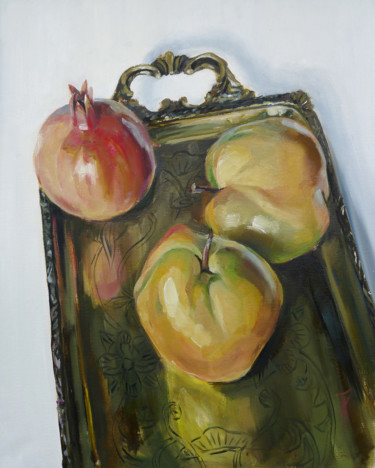 Painting titled "Brass still life" by Tatyana Kaganets, Original Artwork, Oil Mounted on Wood Stretcher frame