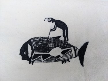 Textile Art titled "Man fishing-What ar…" by Tudorita Gherase, Original Artwork, Embroidery Mounted on Cardboard