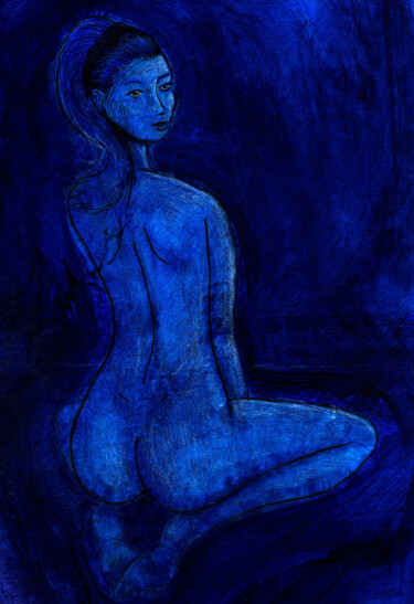 Painting titled "blue girl Givors le…" by Tato, Original Artwork, Ink