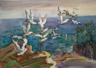 Pittura intitolato "Sea ​​and seagulls" da Ta Ana Romanenko, Opera d'arte originale, Acquarello