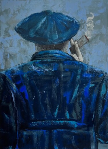 Painting titled "Man in blue smoking…" by Ta Byrne, Original Artwork, Oil