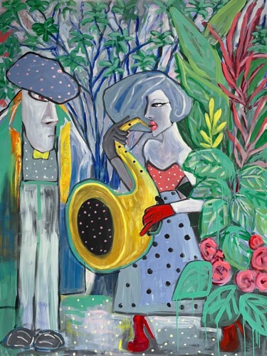 Schilderij getiteld "Jazz in the garden" door Ta Byrne, Origineel Kunstwerk, Acryl
