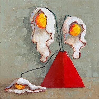 Painting titled "Egg flowers in red…" by Ta Byrne, Original Artwork, Oil