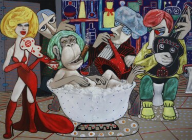 Malerei mit dem Titel "Lady in red playing…" von Ta Byrne, Original-Kunstwerk, Öl