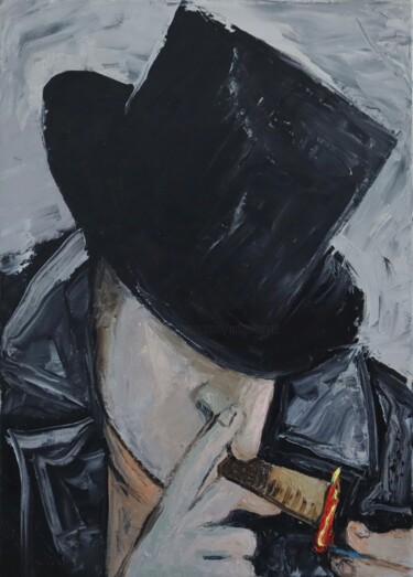 Painting titled "Man in black" by Ta Byrne, Original Artwork, Oil