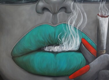 Painting titled "lady with green lips" by Ta Byrne, Original Artwork, Oil