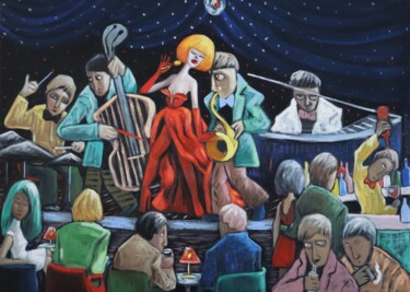 Painting titled "A night of jazz" by Ta Byrne, Original Artwork, Oil Mounted on Wood Stretcher frame