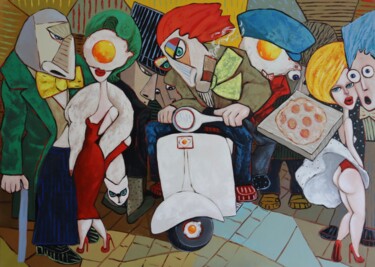Malerei mit dem Titel "Pizza express" von Ta Byrne, Original-Kunstwerk, Öl
