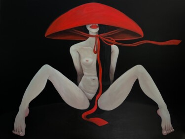 Картина под названием "Nude in red hat" - Ta Byrne, Подлинное произведение искусства, Масло